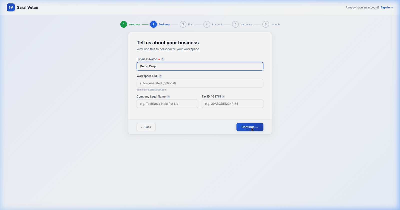 Business Information Setup