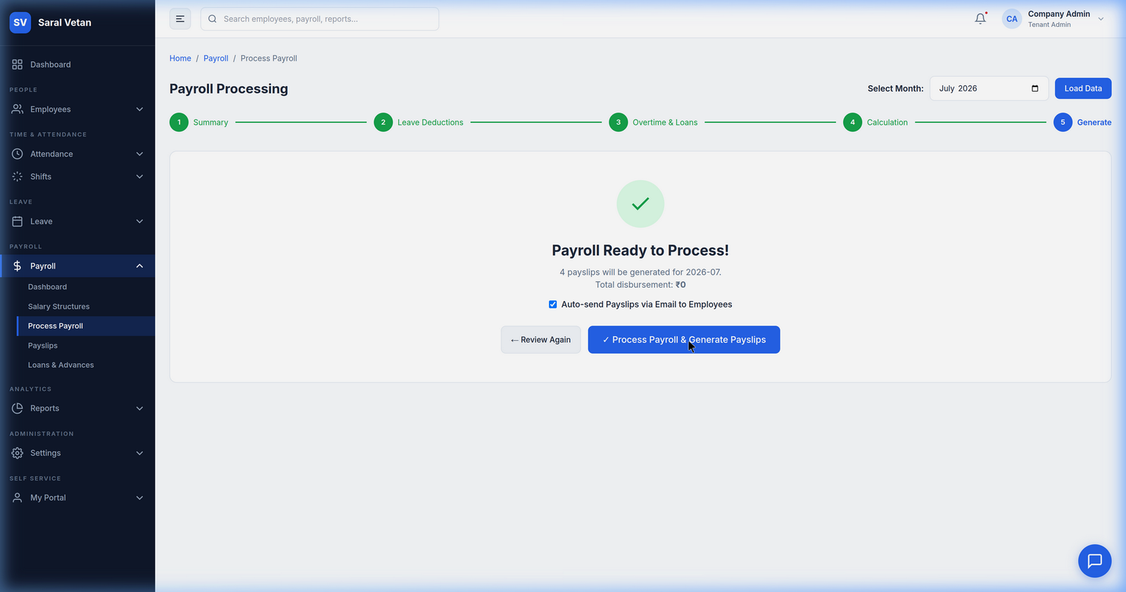 Payroll Success Screen