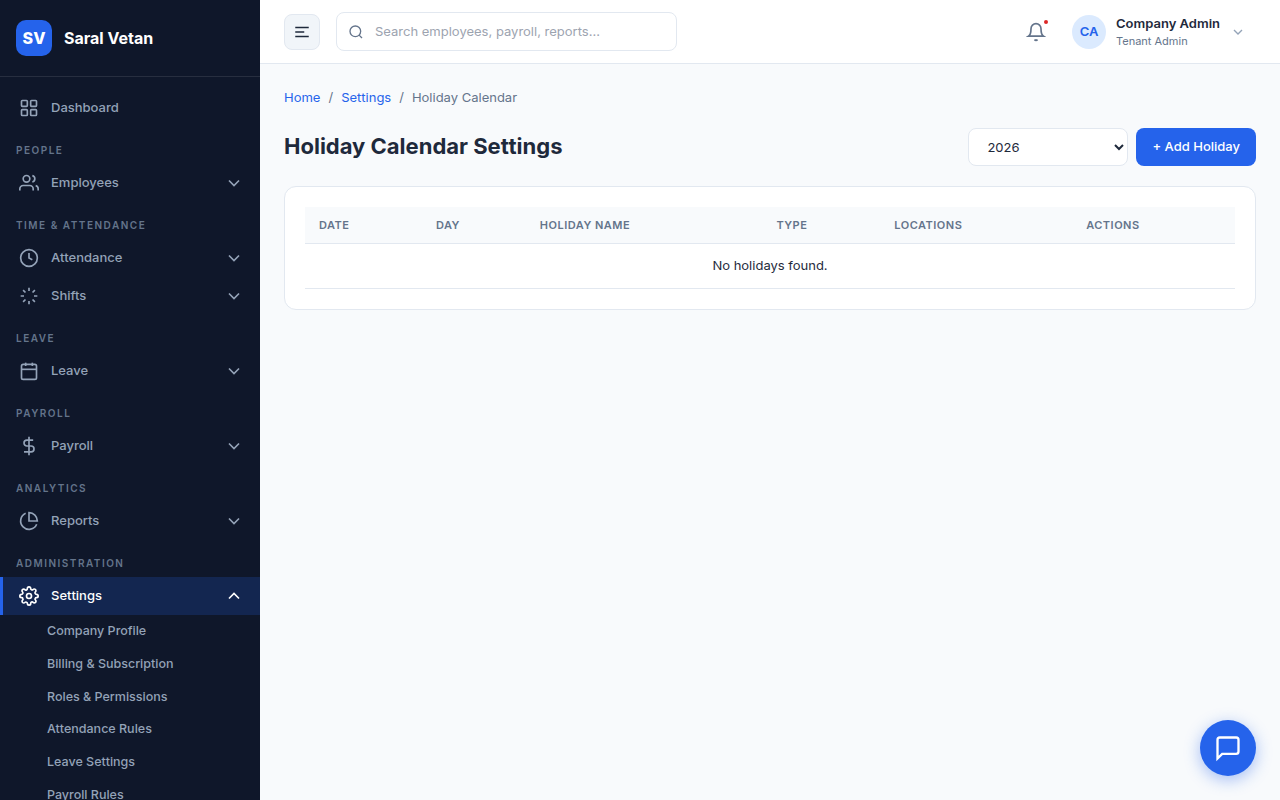Holiday Calendar Configuration